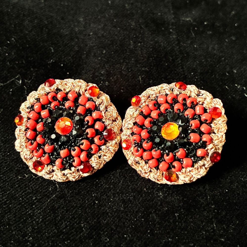 Black red and rose gold crochet earrings